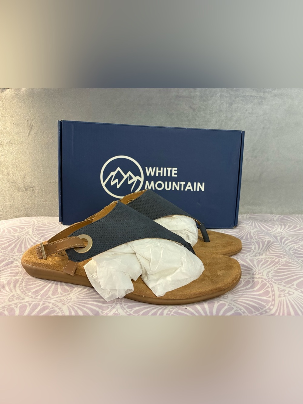 White Mountain Navy with Tan Suede Footbed Thong Sandal